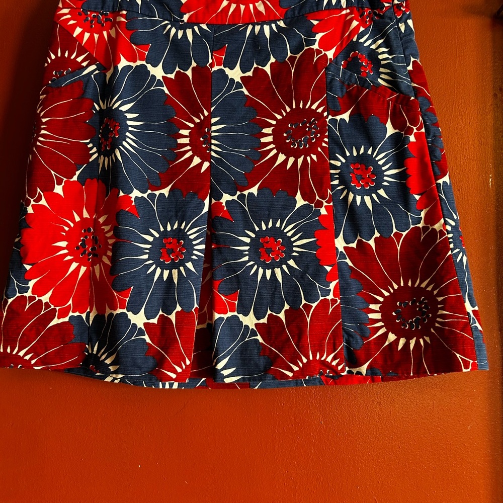 Boden Red and Blue Pleated Skater Mini Skirt